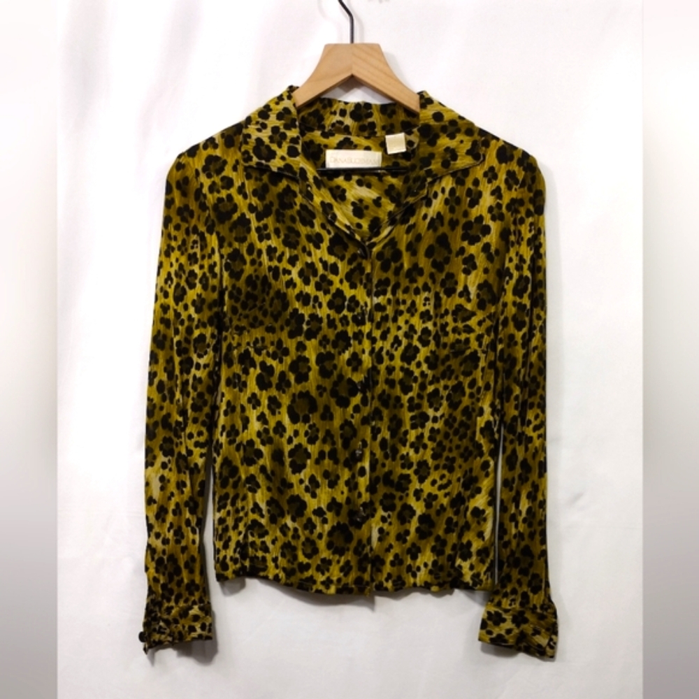 Dana Buchman Leopard Print Button Shirt Women's 8 Greek Black Boho Retro Y2K